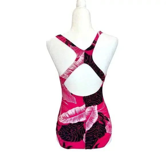 Speedo One Piece Swimsuit Size 12 Pink Tropical Print Racerback - Picture 2 of 12